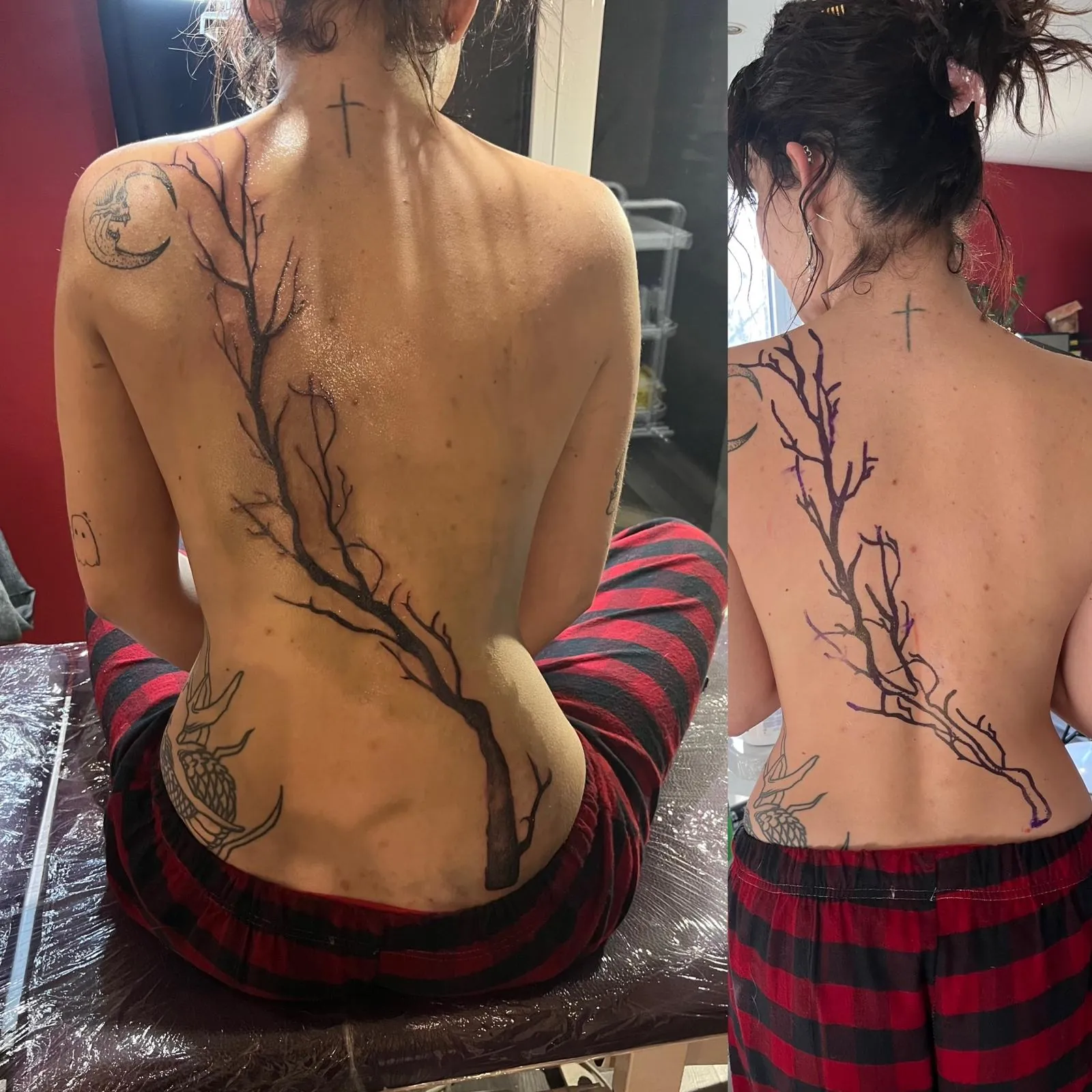 Tatouage d'une branche le long de la colonne vertébrale, par Athéna Gatineau